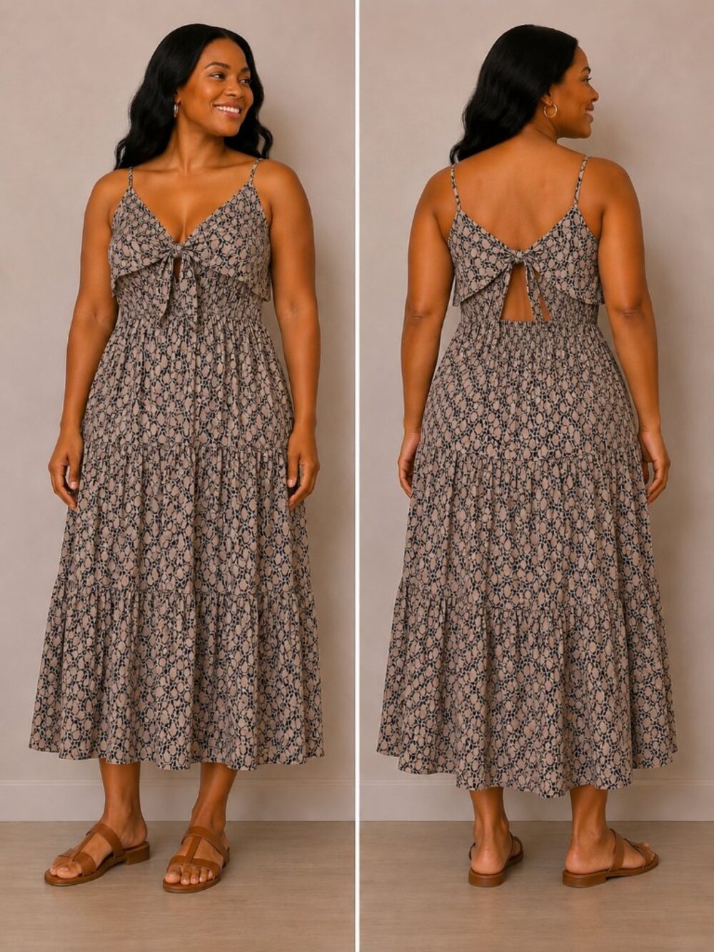 Doublju Beige Patterned V-Neck Maxi Dress